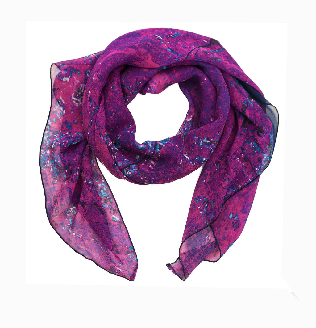 Chicago, purple map print scarf in silk/georgette blend. 