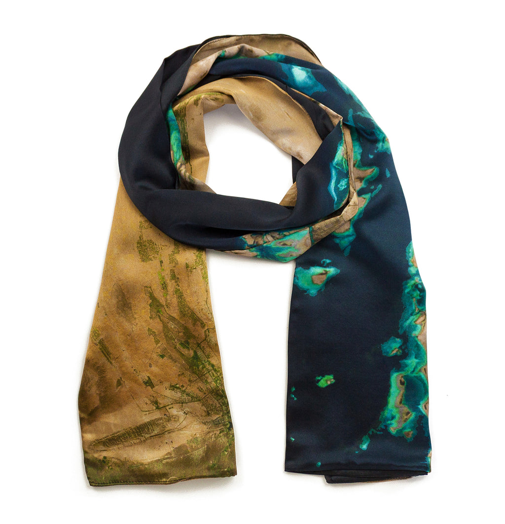 Dubai/Abu Dhabi, United Arab Emirates map print scarf in satin/silk blend. 