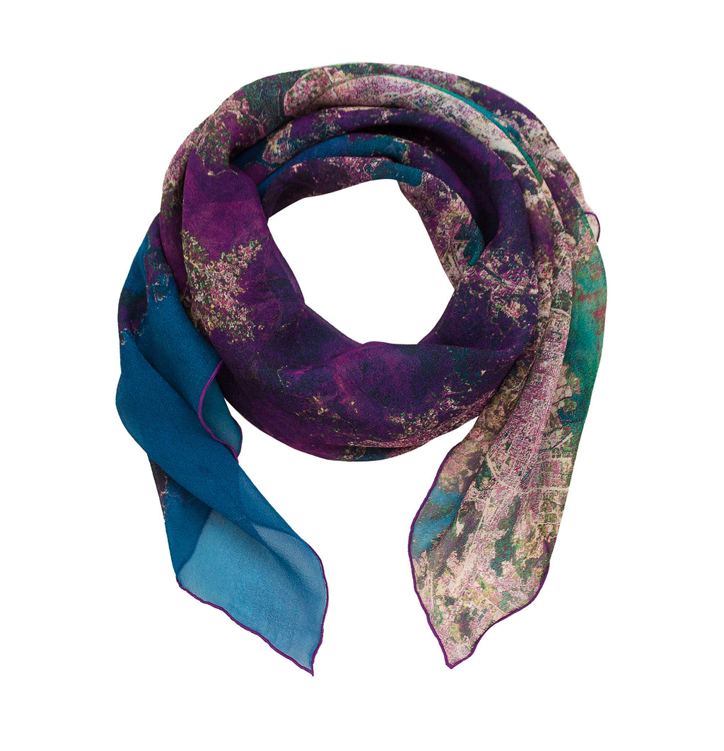 Hong Kong, China map print scarf in silk/georgette blend. 