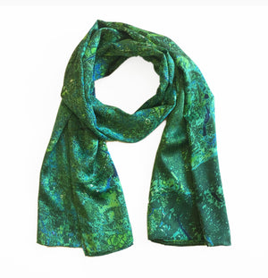 London, England green map print scarf in satin/silk blend. 