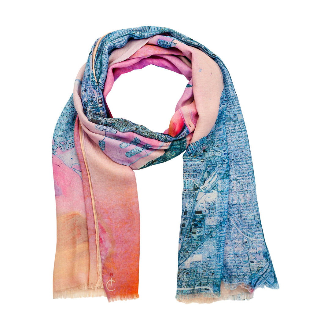 Miami, Florida map print scarf in modal/cashmere blend. Perfect souvenir or gift.