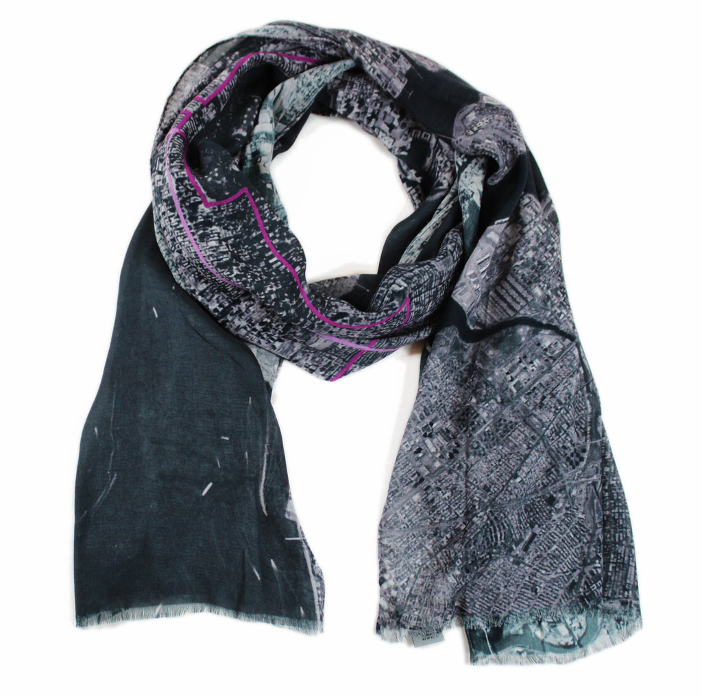 New York City, New York black map print scarf in modal/cashmere blend. Perfect souvenir or gift for men and women. 