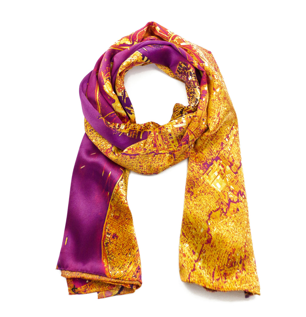 New York City, New York orange map print scarf in satin/silk blend. Perfect souvenir or gift for women and men. 
