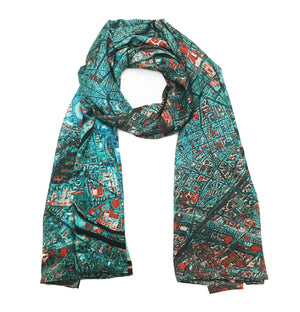 Paris, France blue map print scarf in satin/silk blend. Perfect gift or souvenir for women and men. 